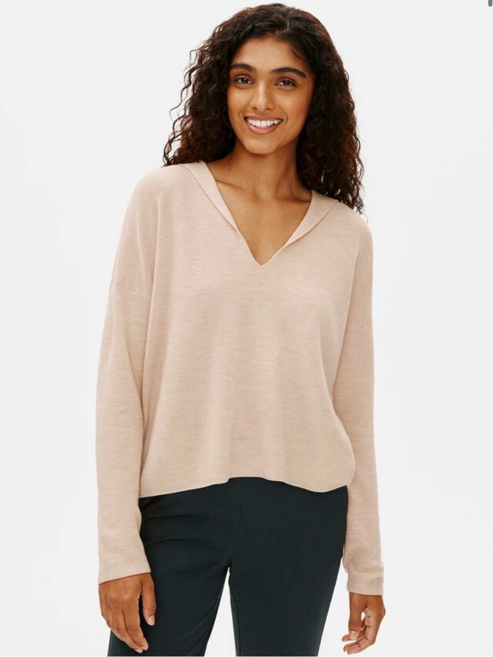 Eileen Fisher NWT Ultrafine Merino Wool Hooded Top Beige S Quiet Luxury Neutral